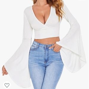 Floerns Women's V Neck Long Bell Sleeve Wrap Blouse